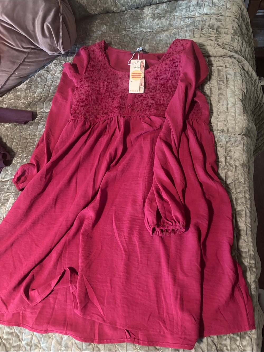 Women's Long Sleeve Smocked Yoke Dress - Berry